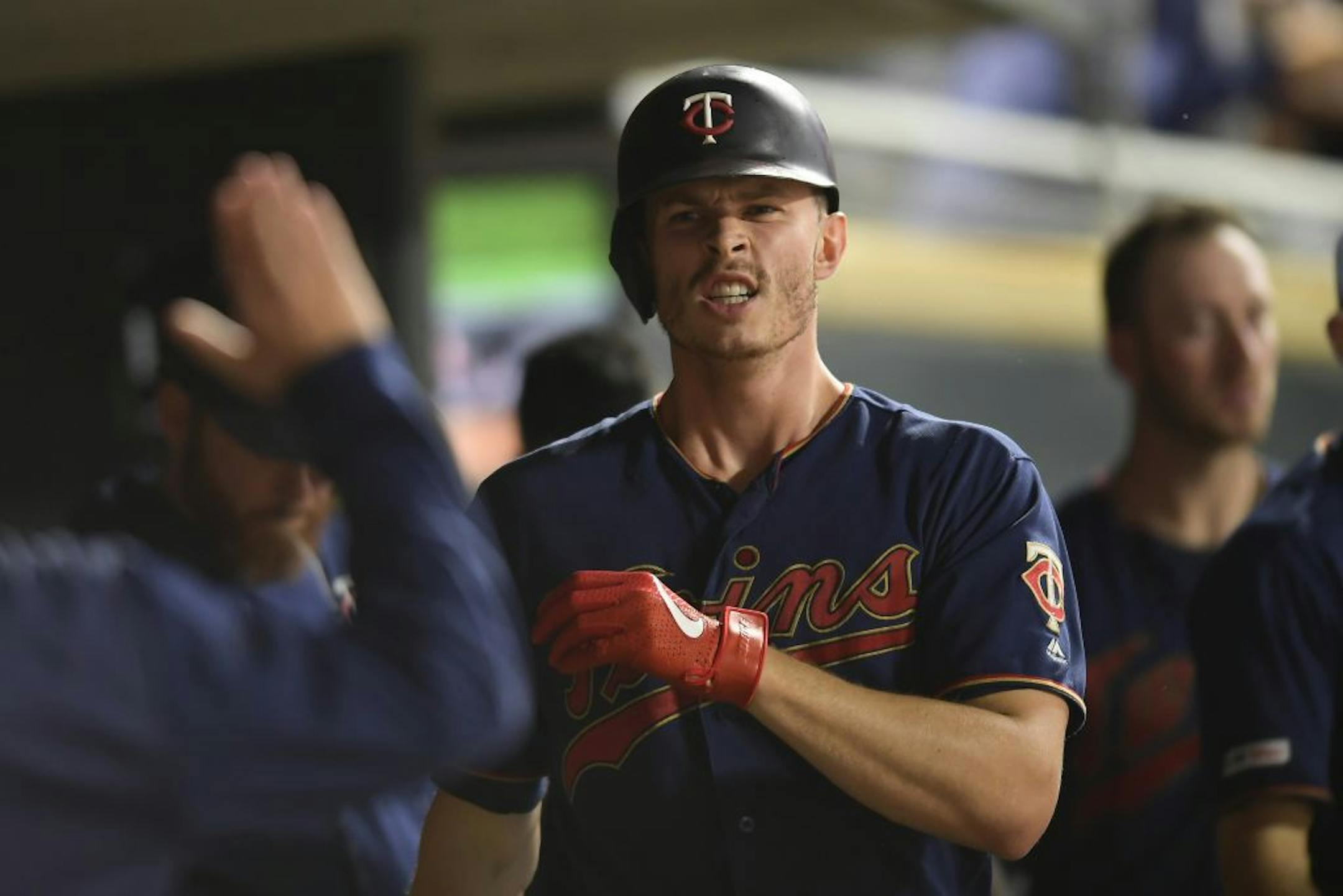 Minnesota Twins right fielder Max Kepler (26) celebrated his solo home run with teammates in the bottom of the fifth inning against the Cleveland Indians.
