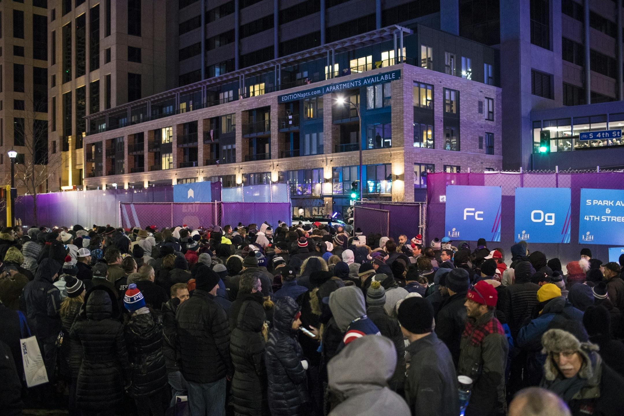 Fans leave U.S. Bank Stadium after Super Bowl LII on Sunday, February 4, 2018, in Minneapolis, Minn.
