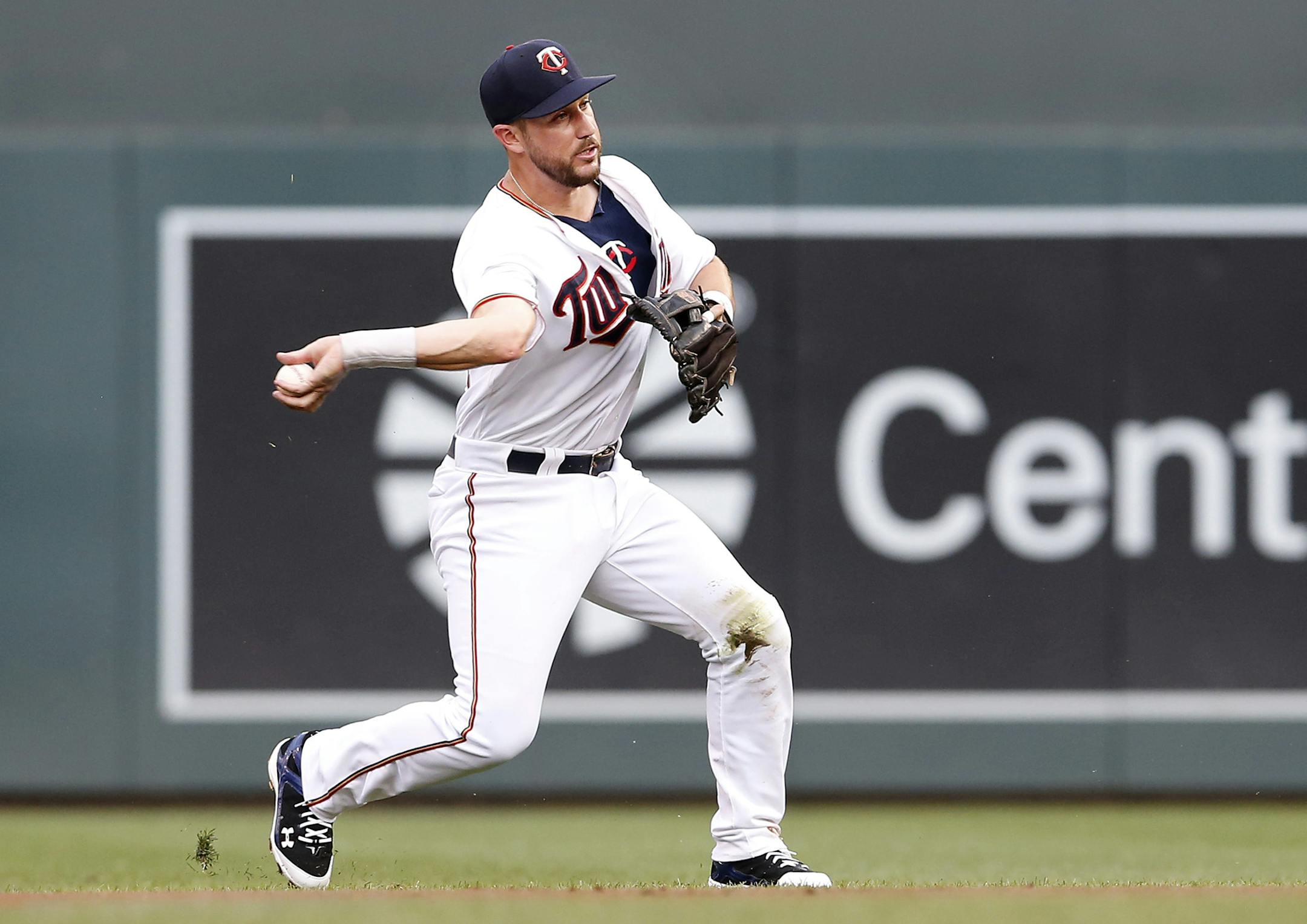 Minnesota Twins second baseman Brian Dozier (2) threw out Pedro Alvarez in the second inning. ] CARLOS GONZALEZ cgonzalez@startribune.com - July 28, 2015, Minneapolis, MN, Target Field, Minnesota Twins vs. Pittsburg Pirates