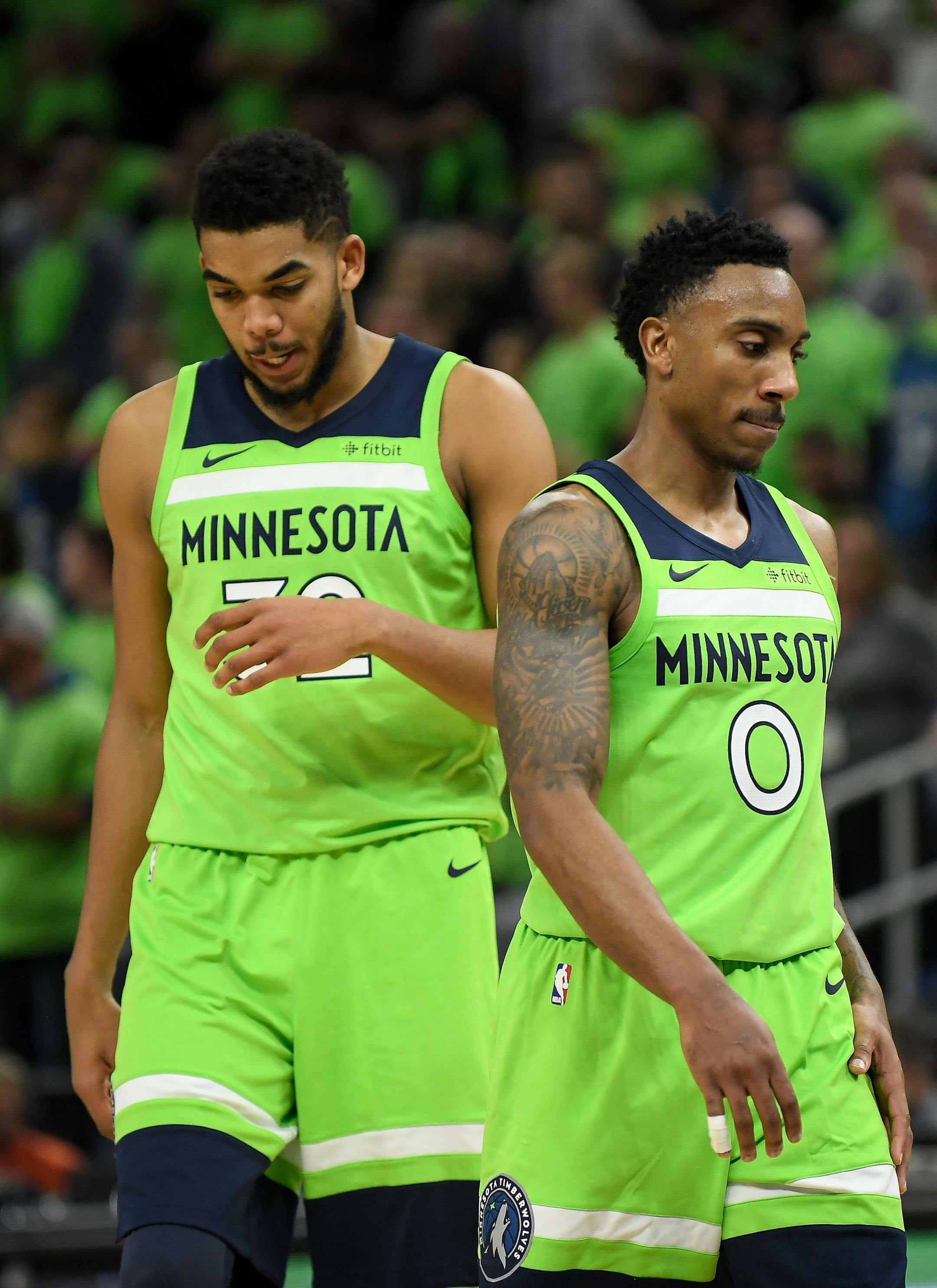 Minnesota Timberwolves center Karl-Anthony Towns (32) and guard Jeff Teague (0) were dejected after coming out of a timeout with :06 left in the fourth quarter Saturday against the Phoenix Suns. ] AARON LAVINSKY ï aaron.lavinsky@startribune.com The Minnesota Timberwolves played the Phoenix Suns on Saturday, Dec. 16, 2017 at Target Center in Minneapolis, Minn.
