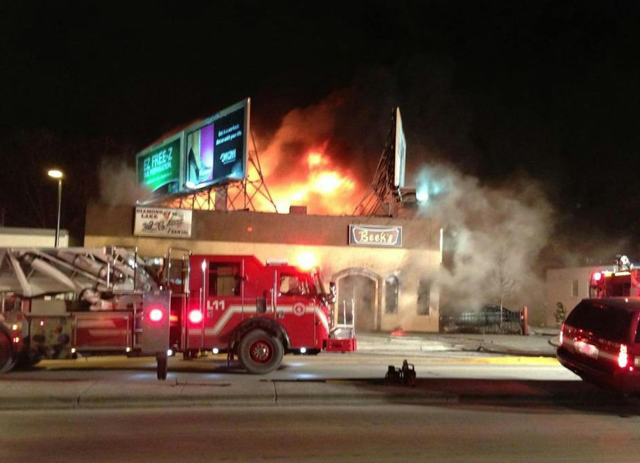 A large fire engulfs a strip mall in the 5300 block of Lyndale Av. S. in Minneapolis around 6:30 p.m. on Thursday, Jan. 24, 2013.