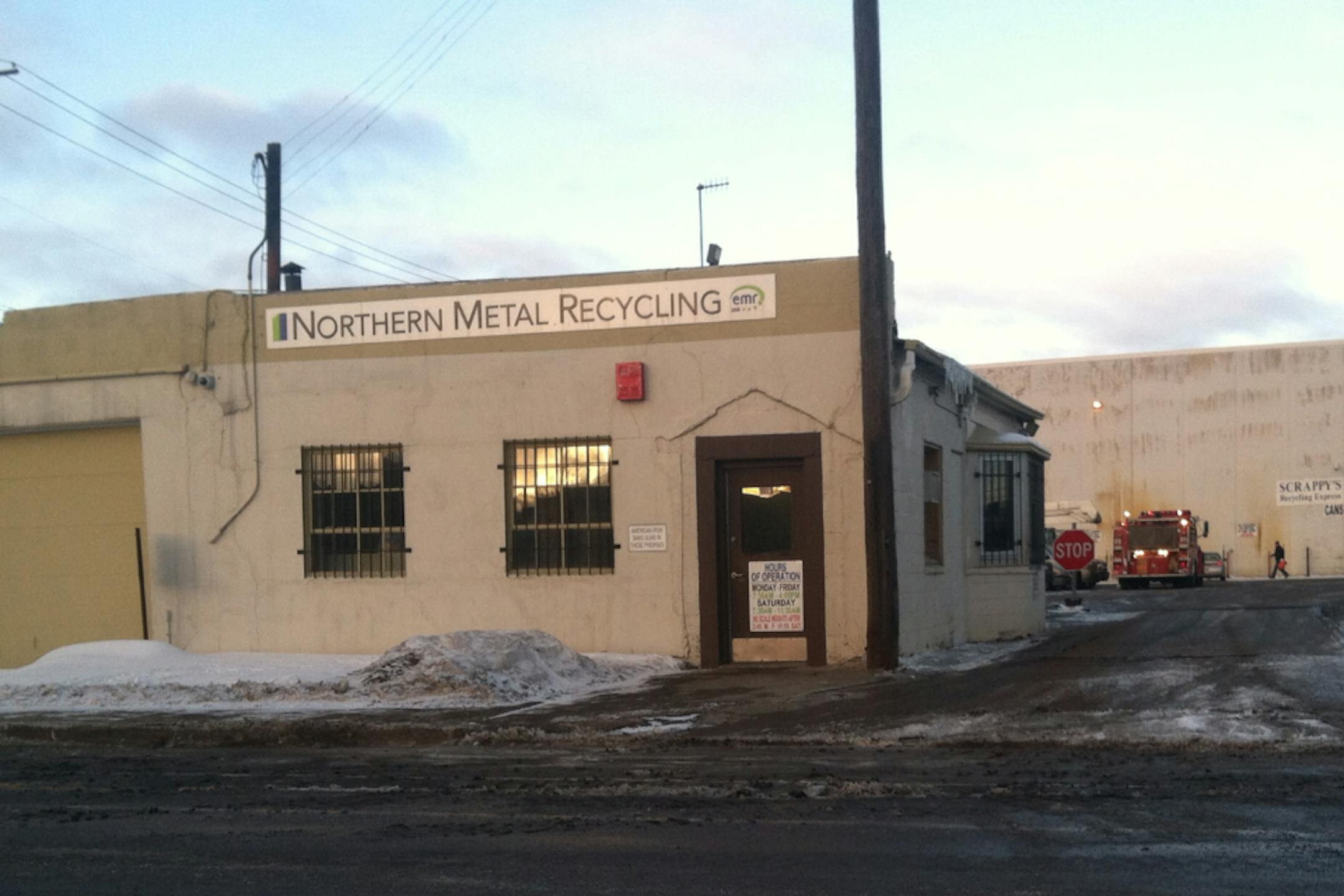 A recycling company building in north Minneapolis caught fire early Tuesday forcing residents of a nearby apartment building to head outside into the frigid and windy weather conditions. The blaze started shortly after 1 a.m. at Northern Metal, an industrial structure at 1803 2nd Street N., said Minneapolis Fire Marshal Perry Ebner.