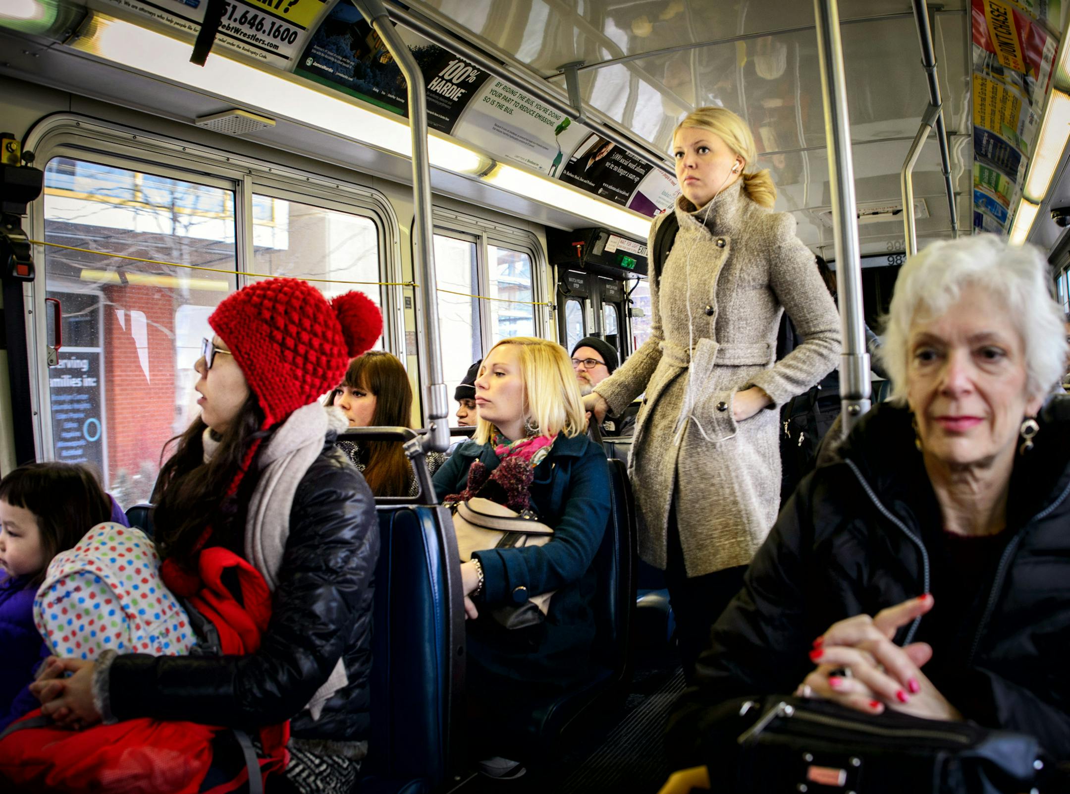 The number 6 Metro Transit bus picked up riders in the south metro area bringing them to downtown Minneapolis in the morning commute hours. ] GLEN STUBBE * gstubbe@startribune.com Thursday, March 20, 2014. Spurred in part by a rise in urban millenials, transit use nationally is at its high point since the 1950s as some local services set all time records. With service and amenities rising, and gas prices creeping up, the numbers should keep heading north. EDS, photos were taken between 8:45 and