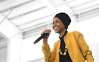 U.S. Rep. Ilhan Omar, D-Minn., spoke at a rally in Springfield, Mass., in February. Omar won the DFL endorsement Sunday to run in the Aug. 11 primary 