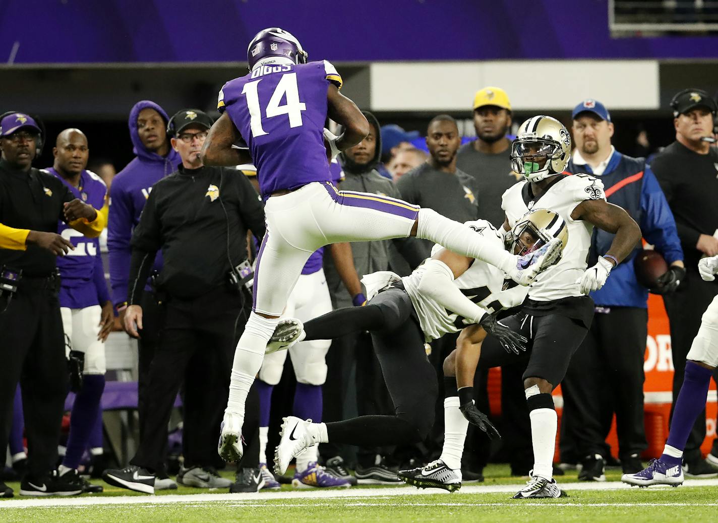 Vikings receiver Stefon Diggs scored a 61-yard touchdown to win the game. Minnesota beat New Orleans by a final score of 29-24. ] CARLOS GONZALEZ &#xef; cgonzalez@startribune.com - Minneapolis, MN - January 14 2018, US Bank Stadium, NFL, NFC Divisional Playoff, Minnesota Vikings vs. New Orleans Saints