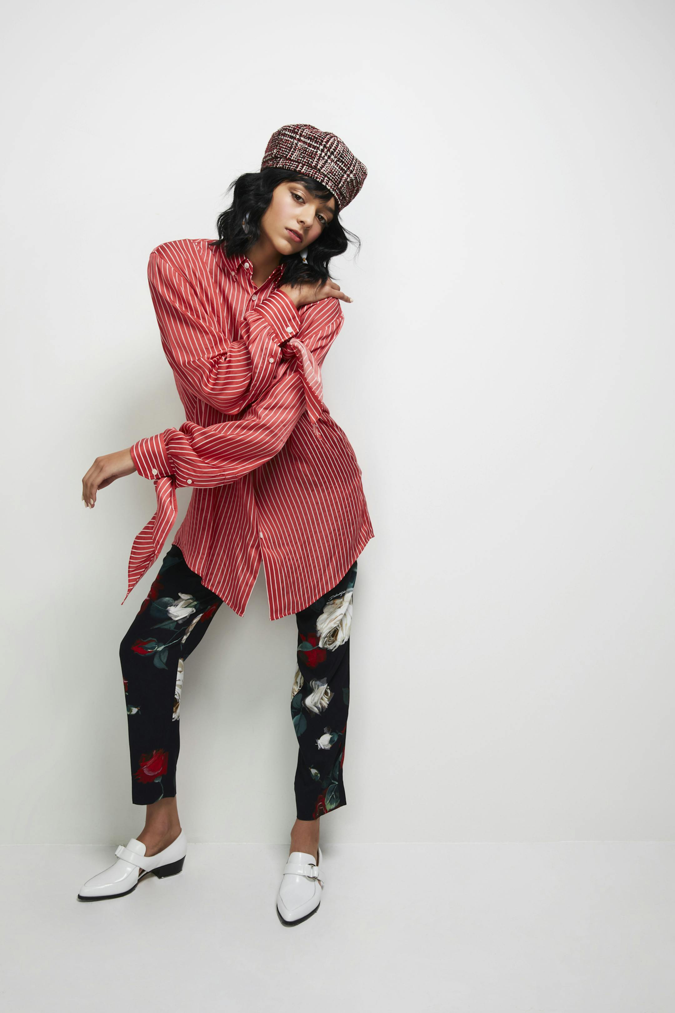 Candy Striper
Balenciaga blouse $1250 totokaelo.com
Floral Dolce & Gabbana pants $500 tjmaxx.com
Tweed hat $38, white earrings $48 freepeople.com Photographer Lauren Krysti Creative Director and Stylist Barbara Schmidt, studiobstyle
Hair and Make-up Artist Fatima Olive
Model Megan Keefe, Ignite Models