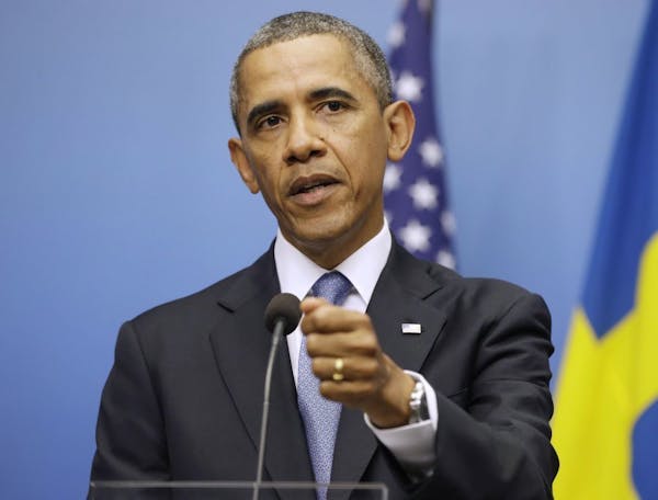 President Barack Obama gestures during his joint news conference with Swedish Prime Minister Fredrik Reinfeldt, Wednesday, Sept. 4, 2013, at the Rosen