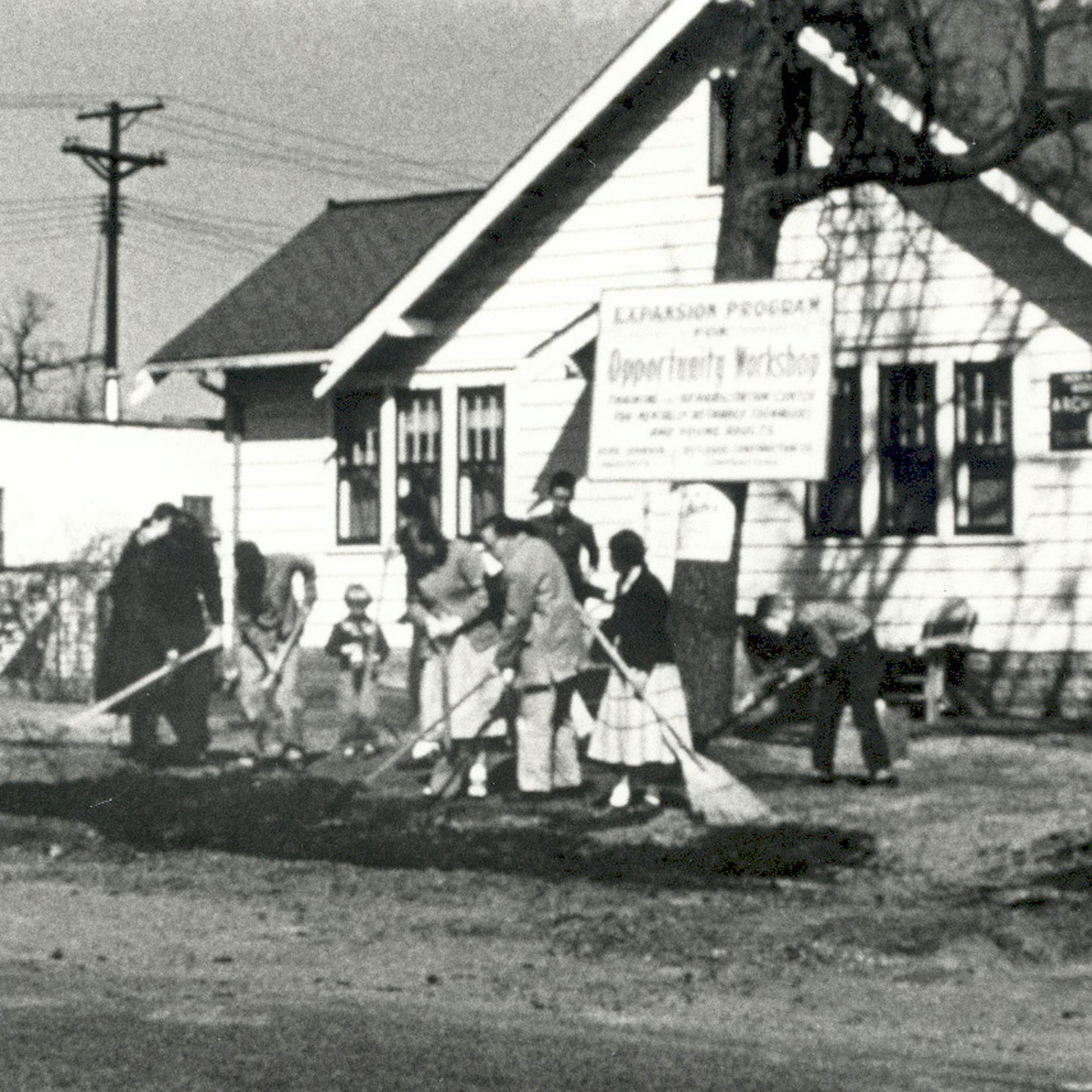 1953: Outside the Opportunity Workshop in its early days.