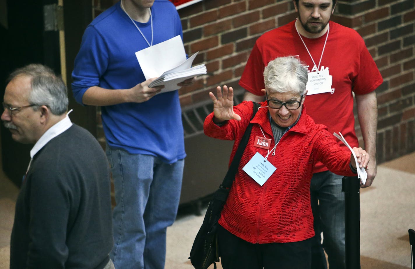 At the DFL convention at De La Salle High School, longtime DFL Rep. Phyllis Kahn waves at supporters Saturday, April 5, 2014](DAVID JOLES/STARTRIBUNE) djoles@startribune.com DFL convention at De La Salle High School Saturday, April 5, 2014.