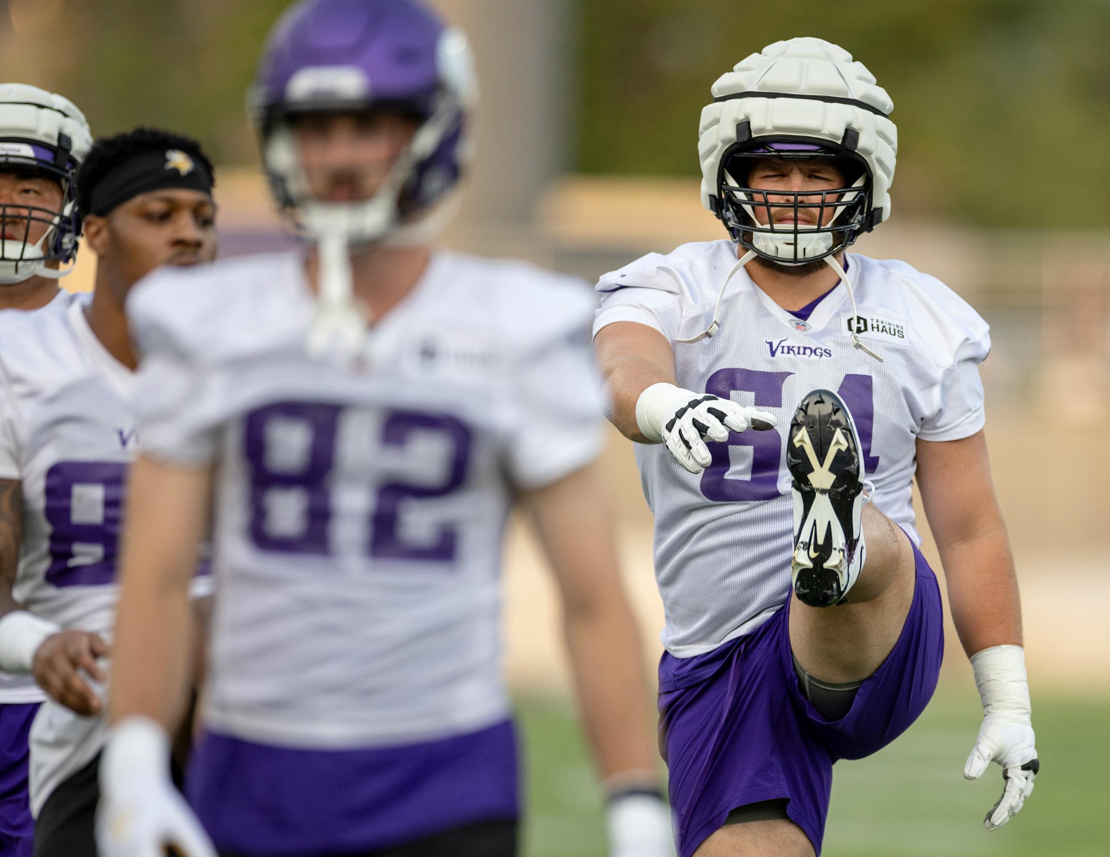 Minnesota Vikings offensive lineman Blake Brandel (64) during evening practice Tuesday, August 8, 2023, at TCO Stadium in Eagan, Minn.