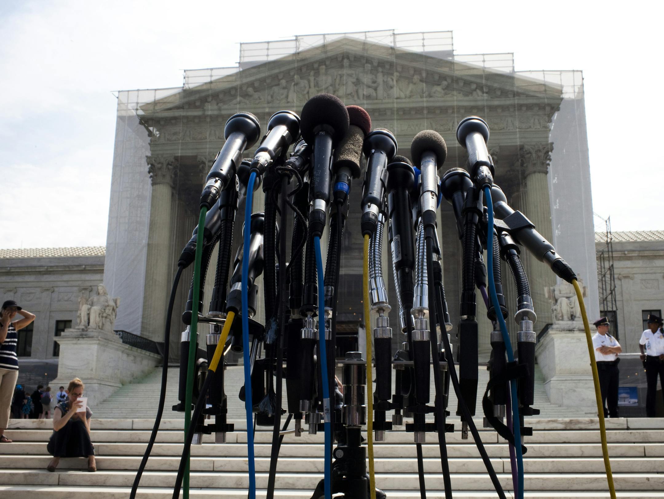 Microphones setup outside the U.S. Supreme Court building in Washington.