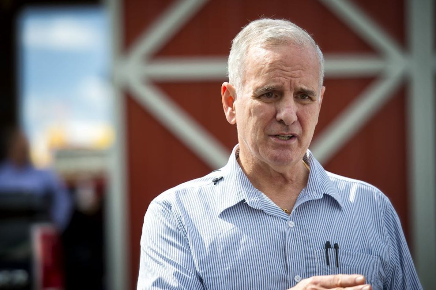 Governor Mark Dayton spoke to the media after delivering the keynote speech at Farmfest the outstate agricultural trade show held each year at Gilfillian Estate in Redwood County, Minnesota, Thursday August 8, 2013