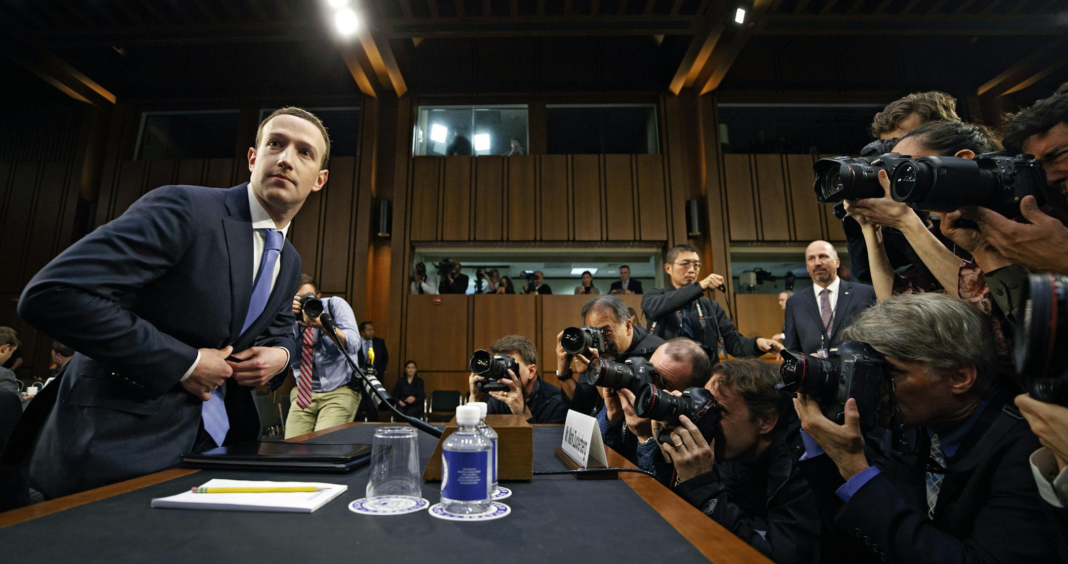 Mark Zuckerberg, chief executive of Facebook, testifies at a joint Senate Judiciary and Commerce Committee hearing, on Capitol Hill in Washington, April 10, 2018. Social media lives and dies on engagement, but when Zuckerberg showed up for Congress on Tuesday and Wednesday, he seemed to be aiming for disengagement. (Tom Brenner/The New York Times)
