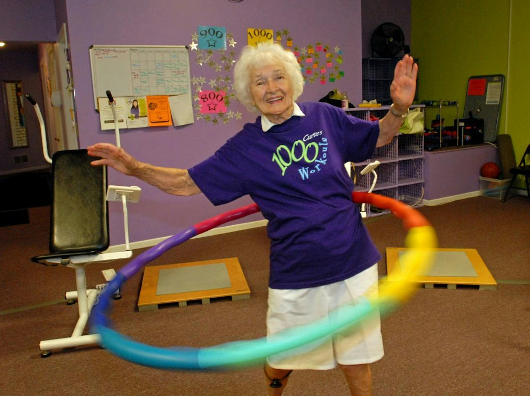 Vivian Hempel, 98 years old, worked out at Curves in St. Paul using a 4.5 pound hula hoop.