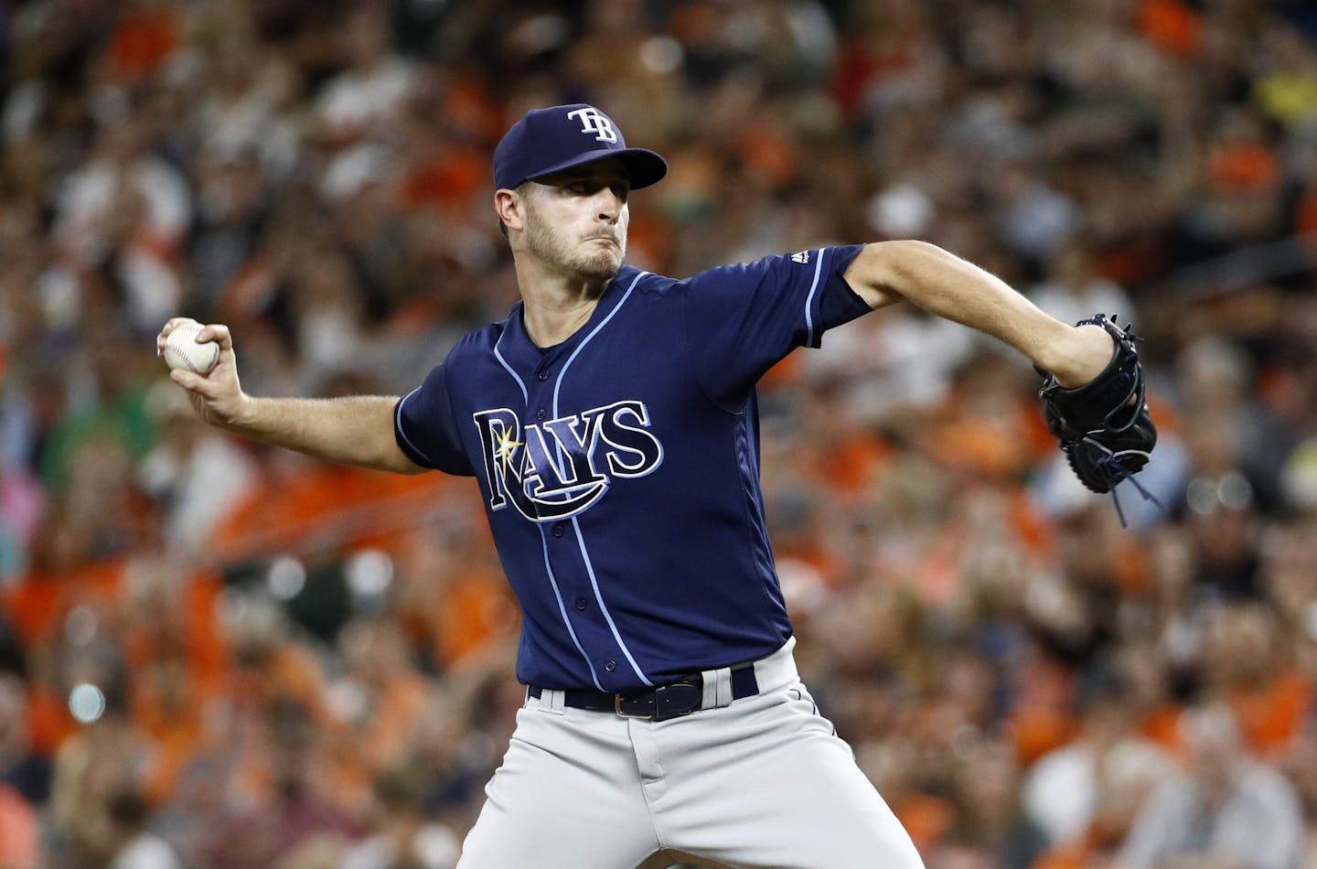 Tampa Bay Rays starting pitcher Jake Odorizzi throws to the Baltimore Orioles during a baseball game in Baltimore, Saturday, Sept. 23, 2017. (AP Photo/Patrick Semansky) ORG XMIT: OTK