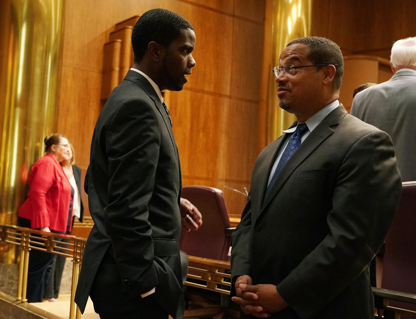 St. Paul Mayor Melvin Carter joked with U.S. Rep. Keith Ellison, a candidate for Minnesota attorney general, ahead of new city council member Mitra Jalali Nelson's swearing in at St. Paul City Hall. ] ANTHONY SOUFFLE &#xef; anthony.souffle@startribune.com New St. Paul City Council member Mitra Jalali Nelson was sworn in as the new Fourth Ward City Council member Wednesday morning City Hall in St. Paul, Minn.