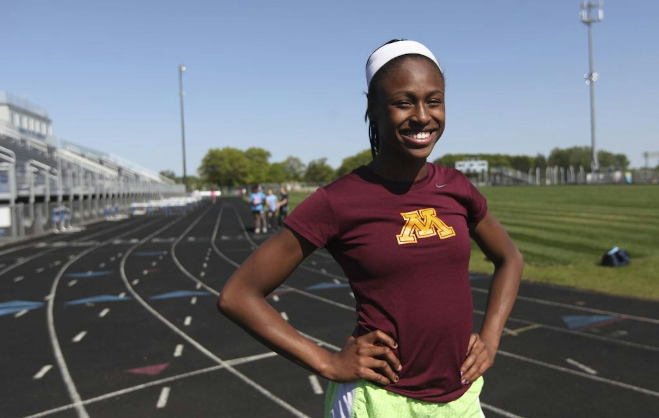 Blaine freshmanTaylor Morgan, right, has been bothered by a sore groin this spring, but that didn't prevent her from winning the 100 meters at the Hamline Elite Meet. Photo by KYNDELL HARKNESS • kharkness@startribune.com