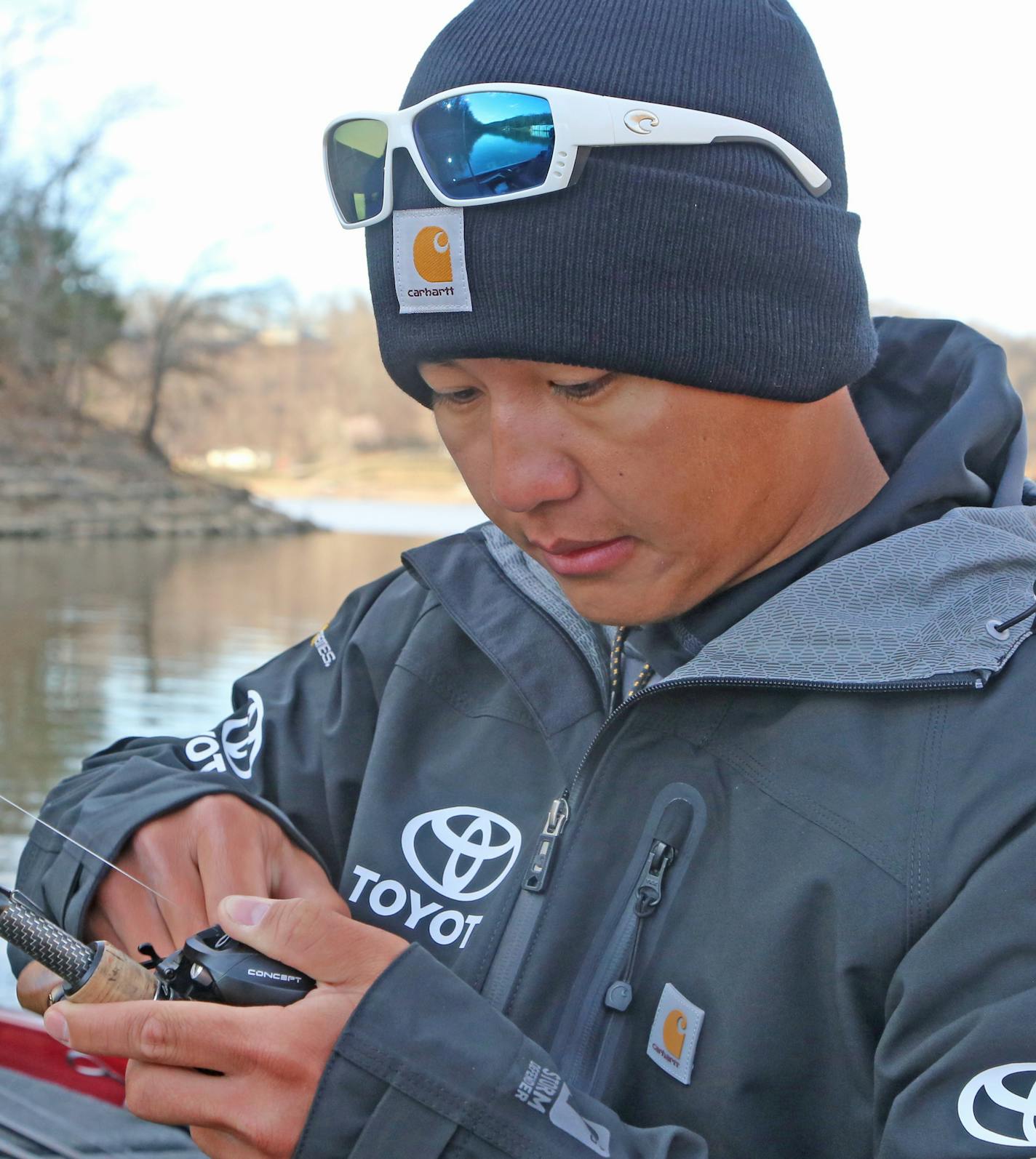 Trevor Lo of St. Paul checked his line and reel while preparing Wednesday for the Bassmaster Classic on Grand Lake, Okla. Lo is the reining collegiate individual national bass fishing champion, the first ever from Minnesota.