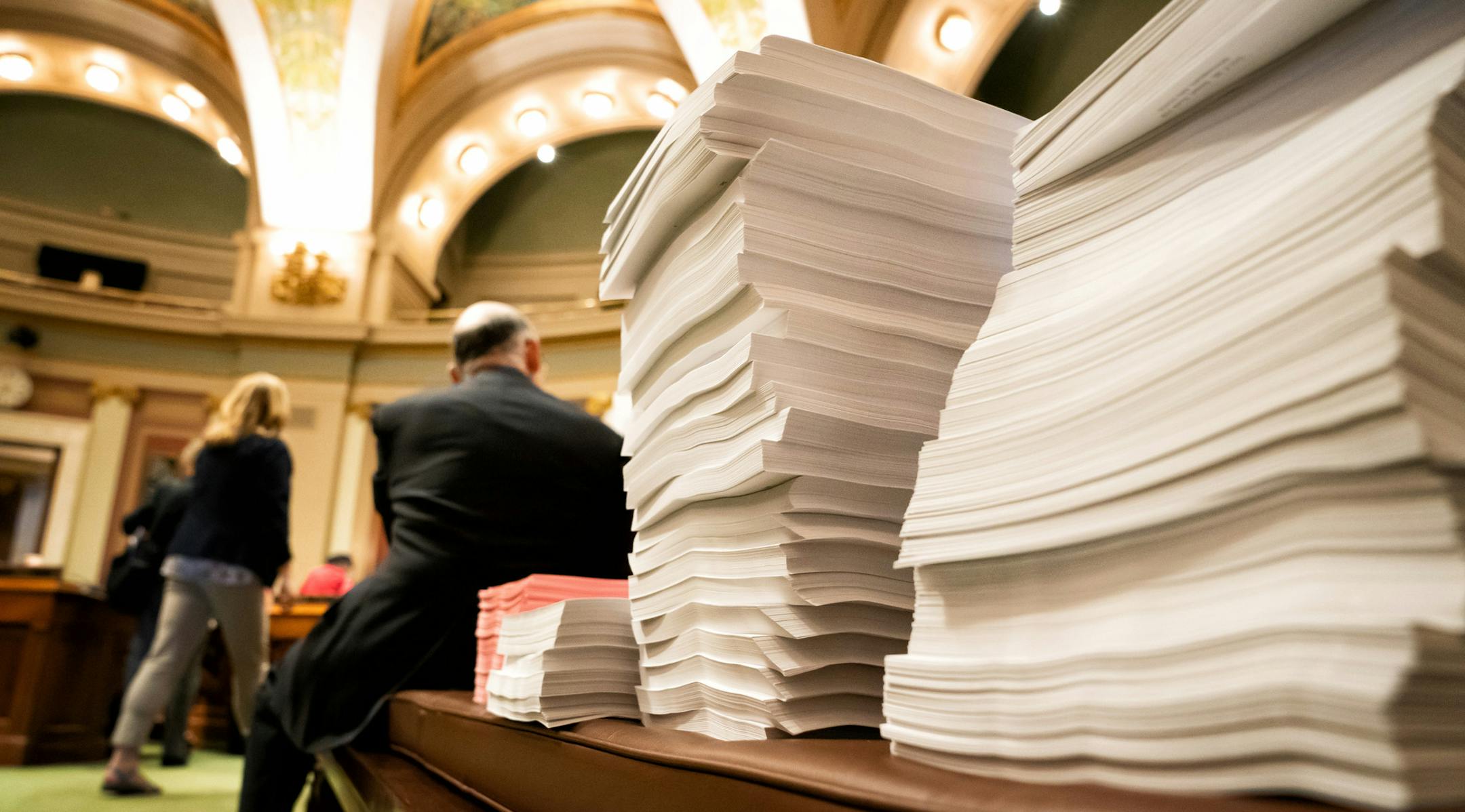 A huge stack of amendments for the HHS bill were stacked in the House Chamber at the start of Thursday's session. ] GLEN STUBBE • glen.stubbe@startribune.com Thursday, April 25, 2019 It has been a hectic week at the Minnesota State Legislature with long intense floor debates on a wide range of omnibus bills that will ultimately head to conference committees.