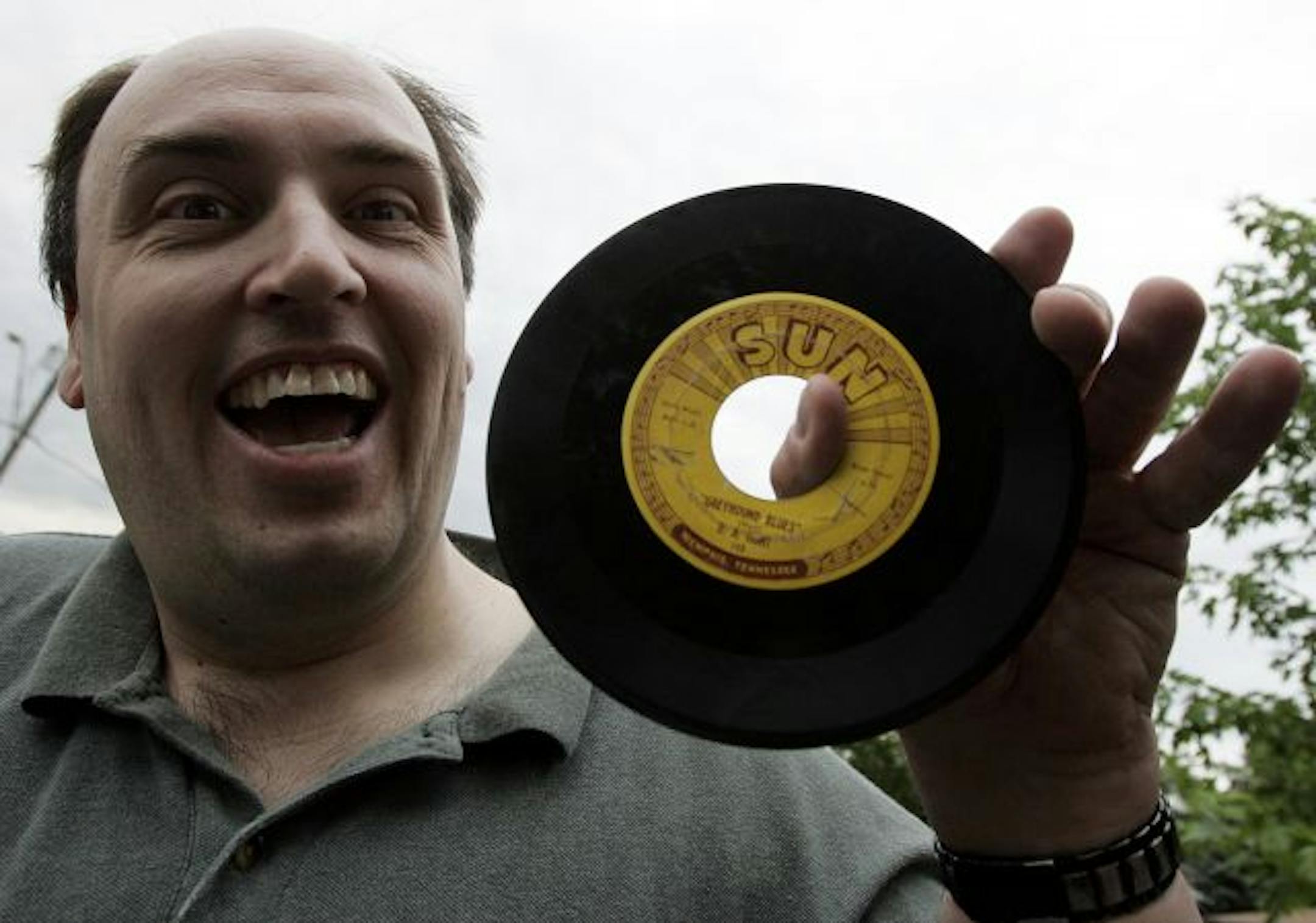 Record collector Tim Schloe showed off the rare 45-rpm single by obscure bluesman D.A. Hunt. The Sun Records release from 1953 sold on eBay for $10,323.
