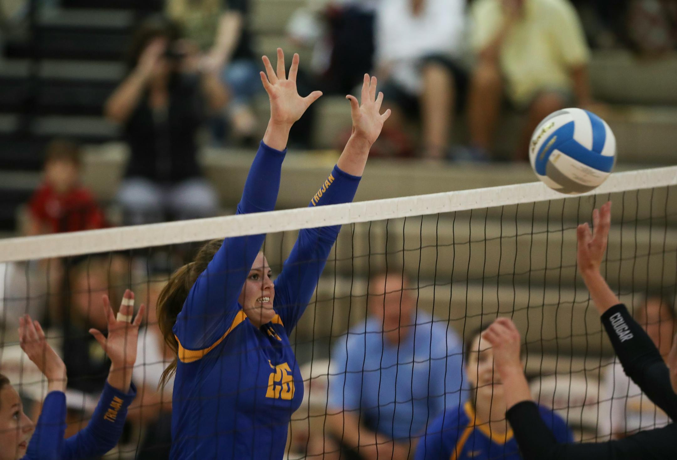 Wayzata senior Morgan Baufield prepared a block attempt of a Lakeville South shot at the net (Jeff Wheeler, Star Tribune)