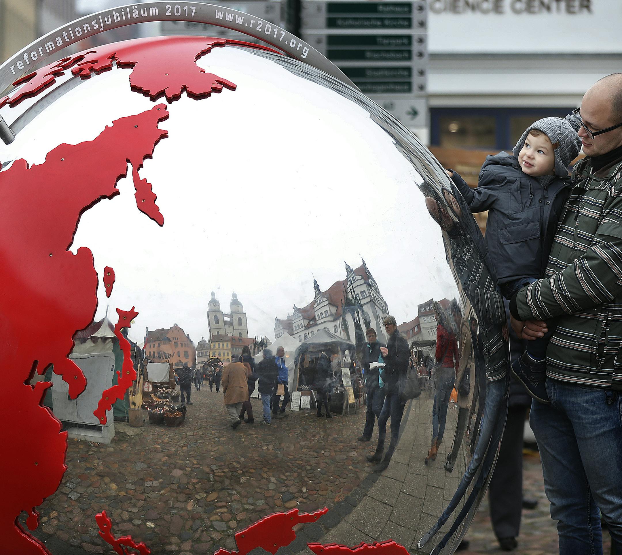 A large globe in Wittenberg’s Market Square counts down to Reformation Summer, which began May 20.