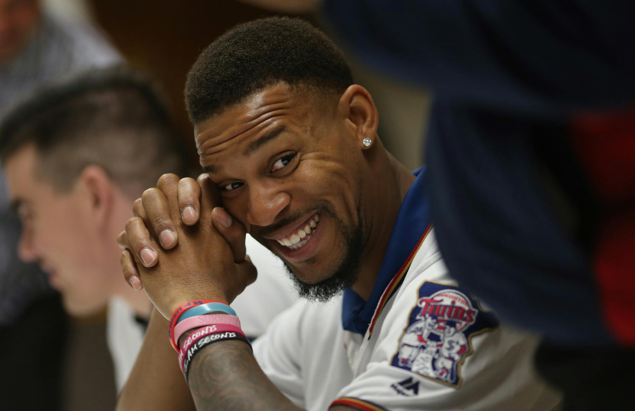 Twins center fielder Bryon Buxton was full with laughter as he listened to Tony Oliva tell baseball stories at the Knights of Columbus Hall in New Prague.