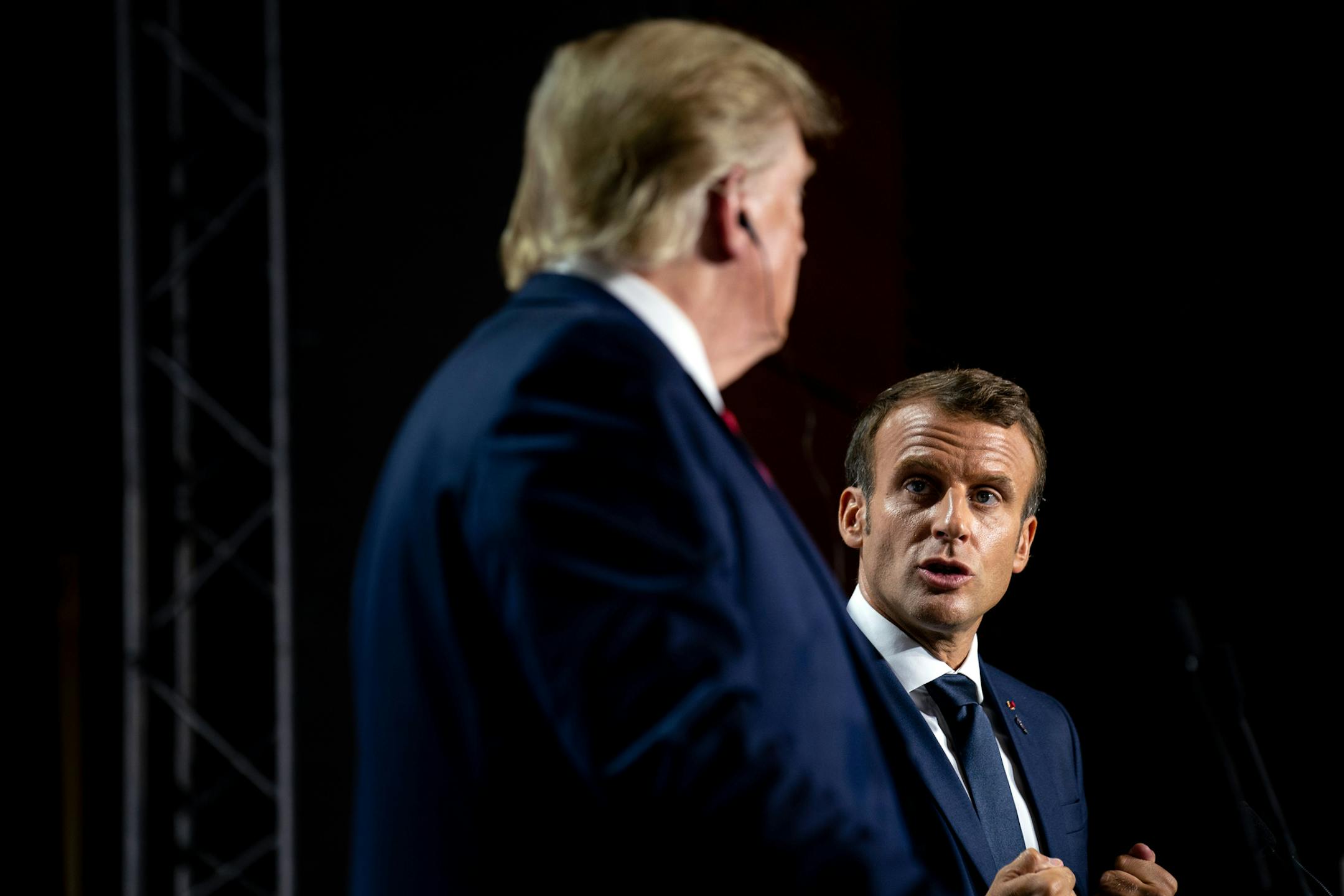 President Emmanuel Macron of France speaks during a joint news conference with President Donald Trump at the G7 summit in Biarritz, France, on Monday, Aug. 26, 2019. (Erin Schaff/The New York Times)