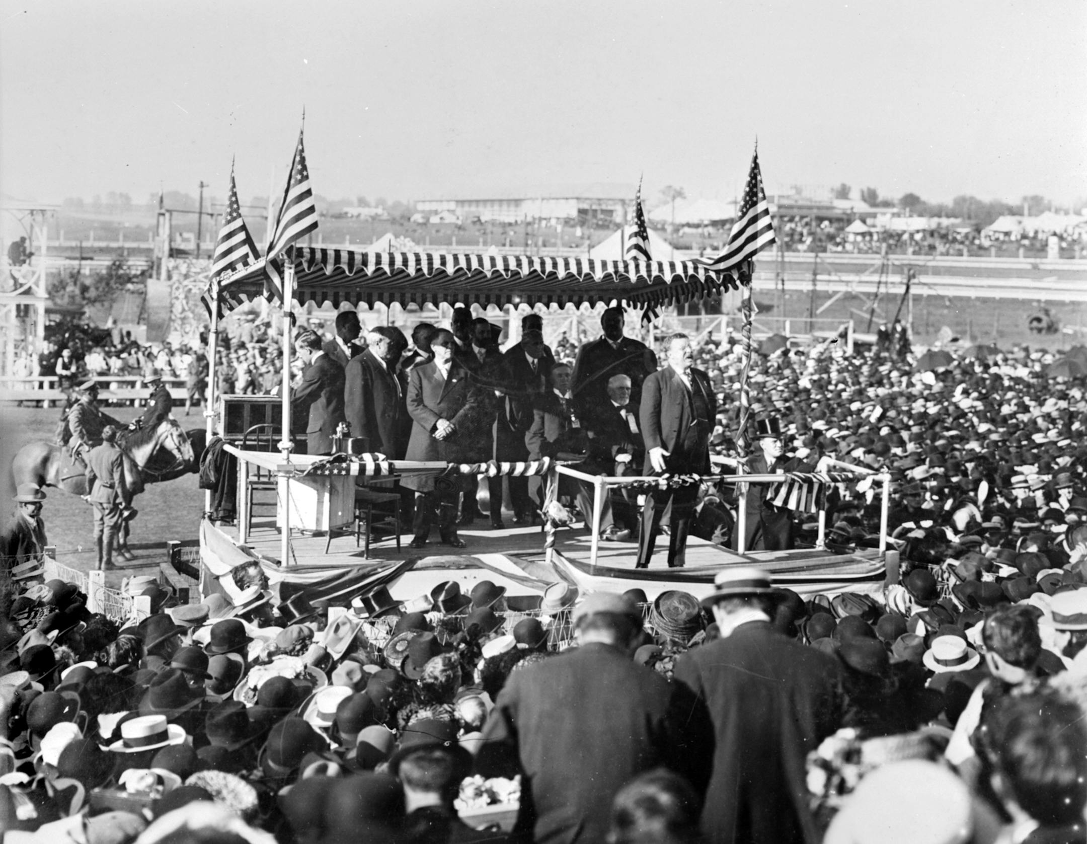 Theodore Roosevelt speaks to a grandstand crowd during the 1912 campaign. From the 1910 annual report, "Roosevelt addressing 60,000 people Sept. 6, in front of Grandstand." Photo provided by the Minnesota State Fair Archives