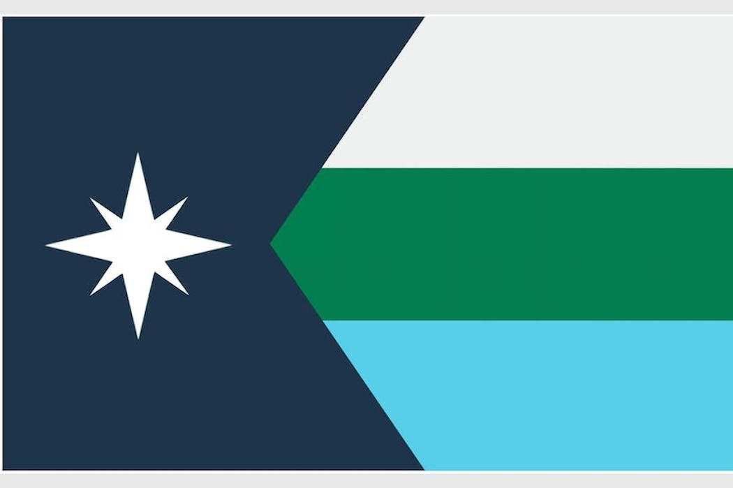 Another “north star” symbol sits on the left side, with a Minnesota-shaped blue shape behind it and three stripes.