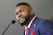 David Ortiz speaks at his Hall of Fame induction ceremony in 2022 in Cooperstown, N.Y.