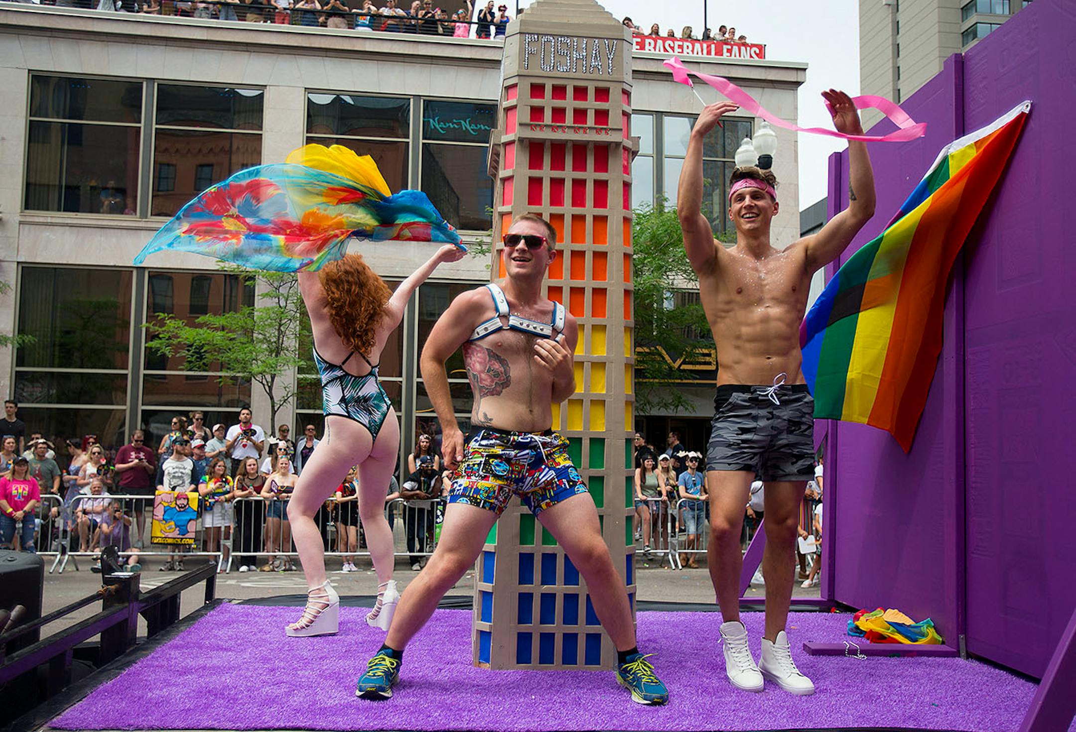 Foshay dancers perform energetically on their float in the pride parade.