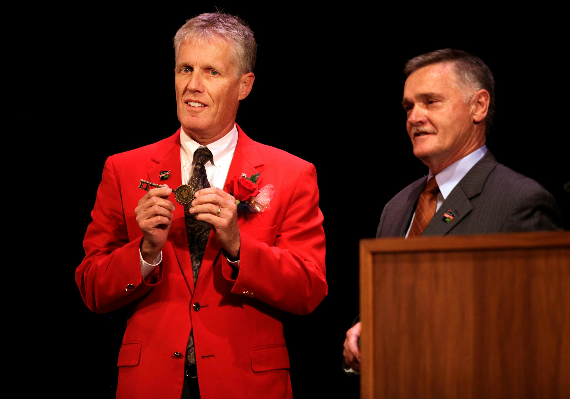 The president of the Tournament of Roses, Scott Jenkins (left) received a key to the City of Rosemount from Mayor Bill Droste on July12, 2013.