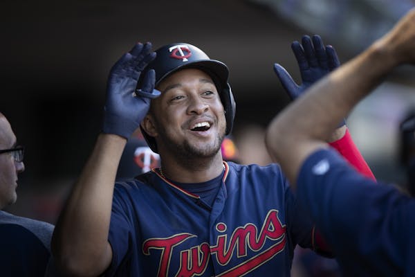 Minnesota Twins second baseman Jonathan Schoop (16) celebrated his third inning solo homer at Target Field Tuesday June 25 2019 in Minneapolis, MN.
