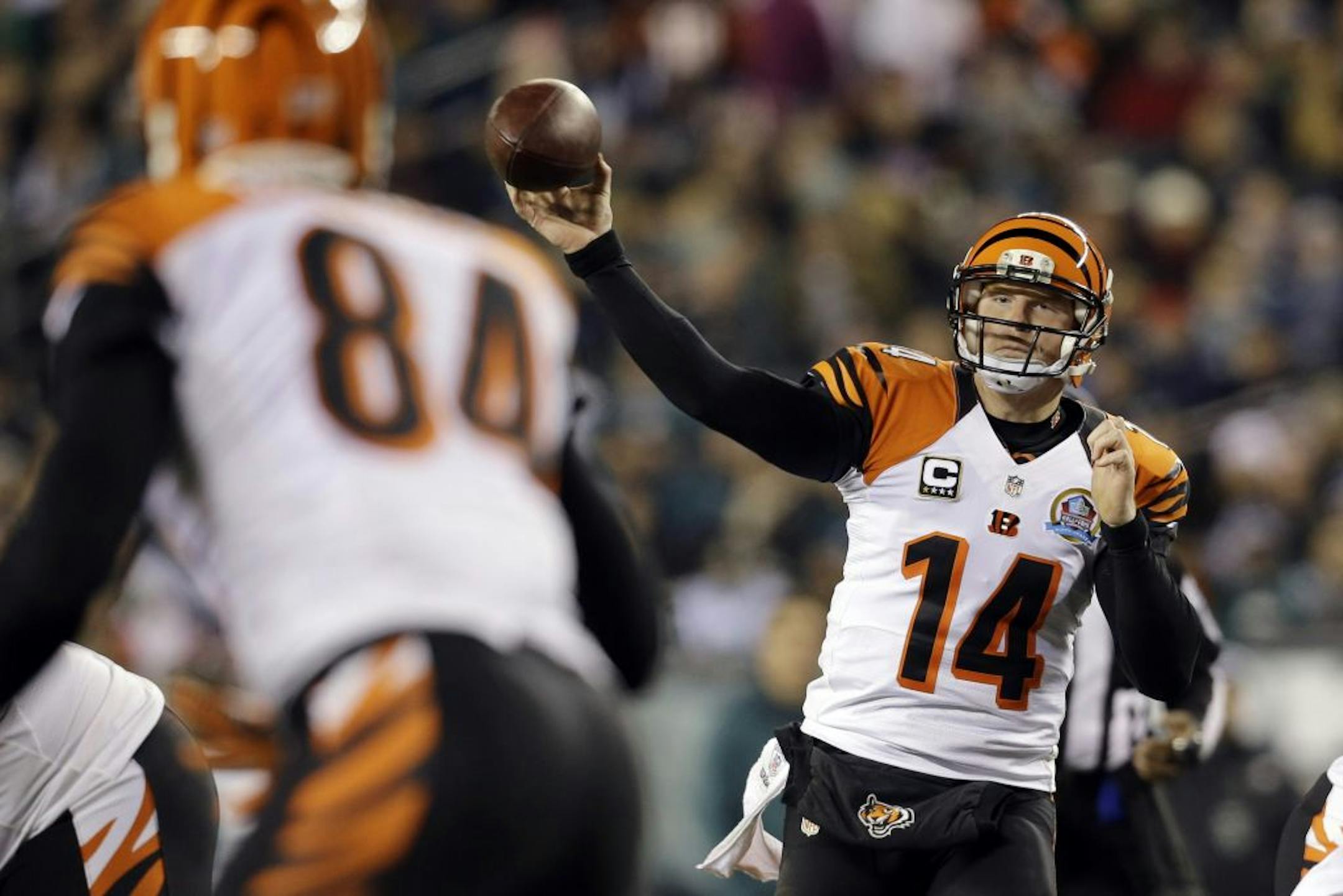 Cincinnati Bengals' Andy Dalton passes in the first half of an NFL football game against the Philadelphia Eagles, Thursday, Dec. 13, 2012, in Philadelphia.