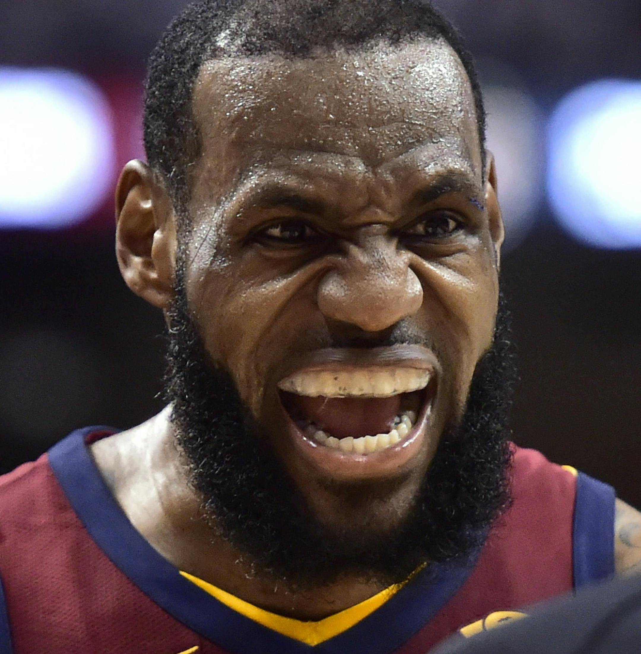 Cleveland Cavaliers forward LeBron James (23) talks with an official during the second half against the Toronto Raptors in Game 2 of an NBA basketball playoffs second-round series Thursday, May 3, 2018, in Toronto. (Frank Gunn/The Canadian Press via AP)