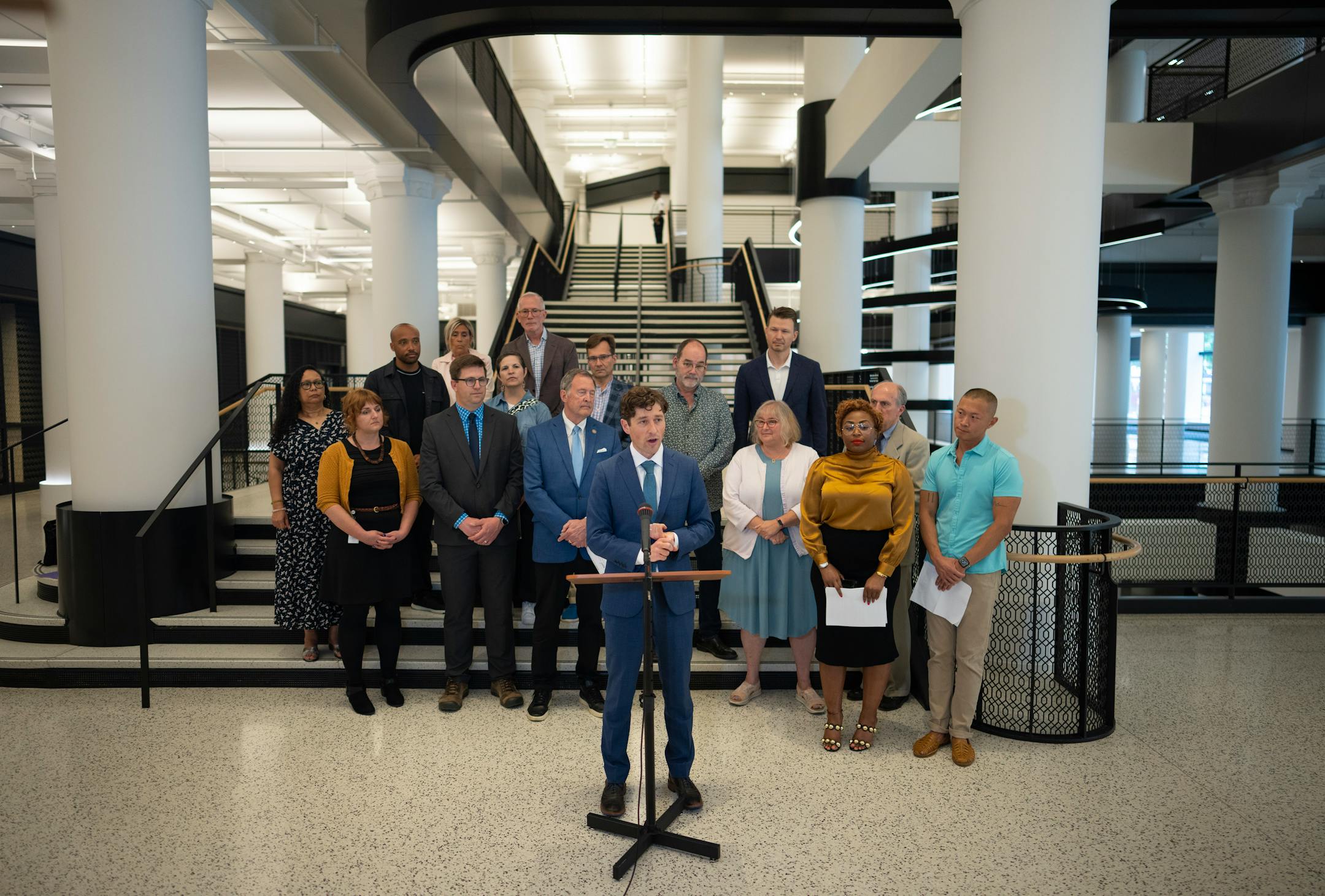 Minneapolis Mayor Jacob Frey was joined at a news conference Tuesday, June 6, 2023 at Dayton's by members of his newly formed "Vibrant Downtown Storefronts Workgroup" to announce recommendations the group submitted to him.