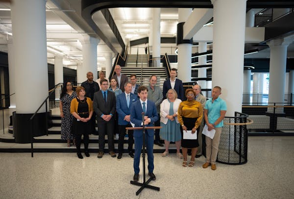 Minneapolis Mayor Jacob Frey was joined at a news conference Tuesday, June 6, 2023 at Dayton's by members of his newly formed "Vibrant Downtown Storef