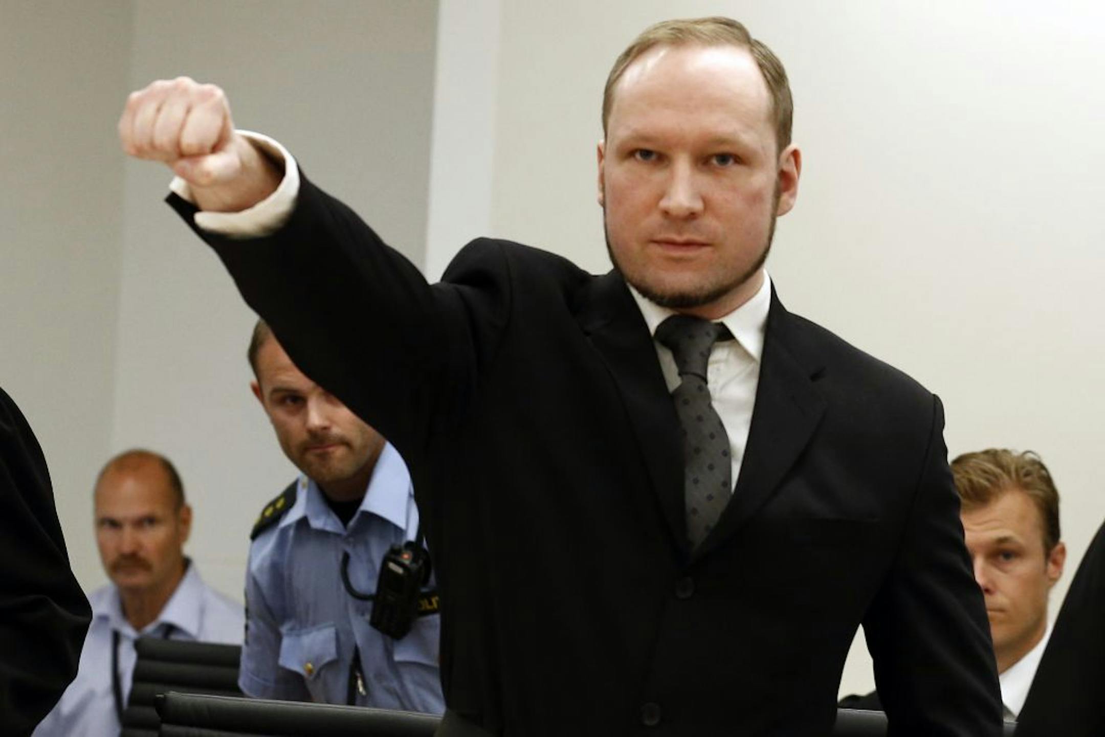 Mass murderer Anders Behring Breivik in an Oslo courtroom on Aug. 24, 2012.