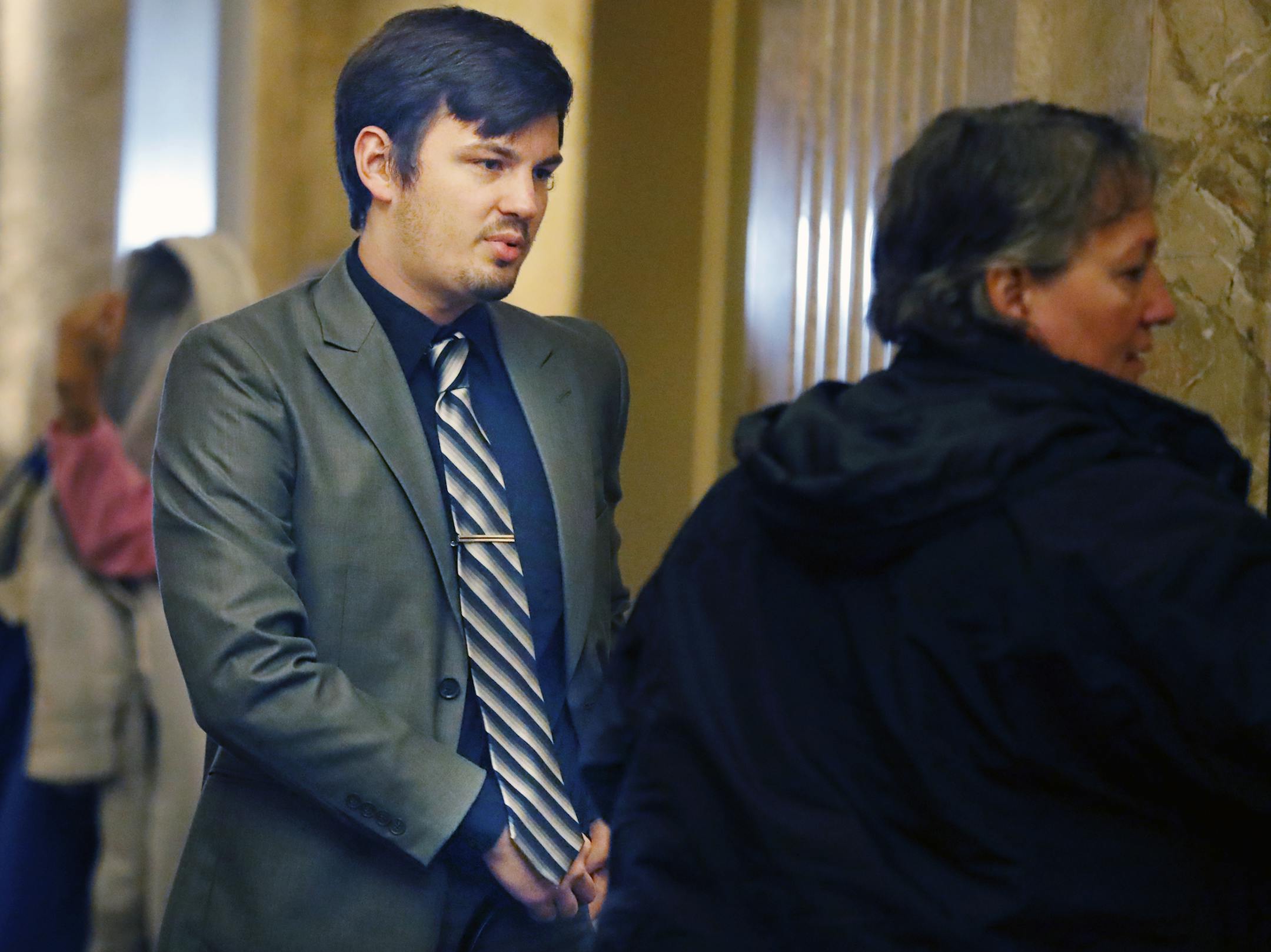 Brent Ahlers arrived at the St. Paul Courthouse. The former St. Kate's guard who shot himself and blamed it on a non-existent black man will be sentenced today.]Richard Tsong-Taatariiïrtsong-taatarii@startribune.com