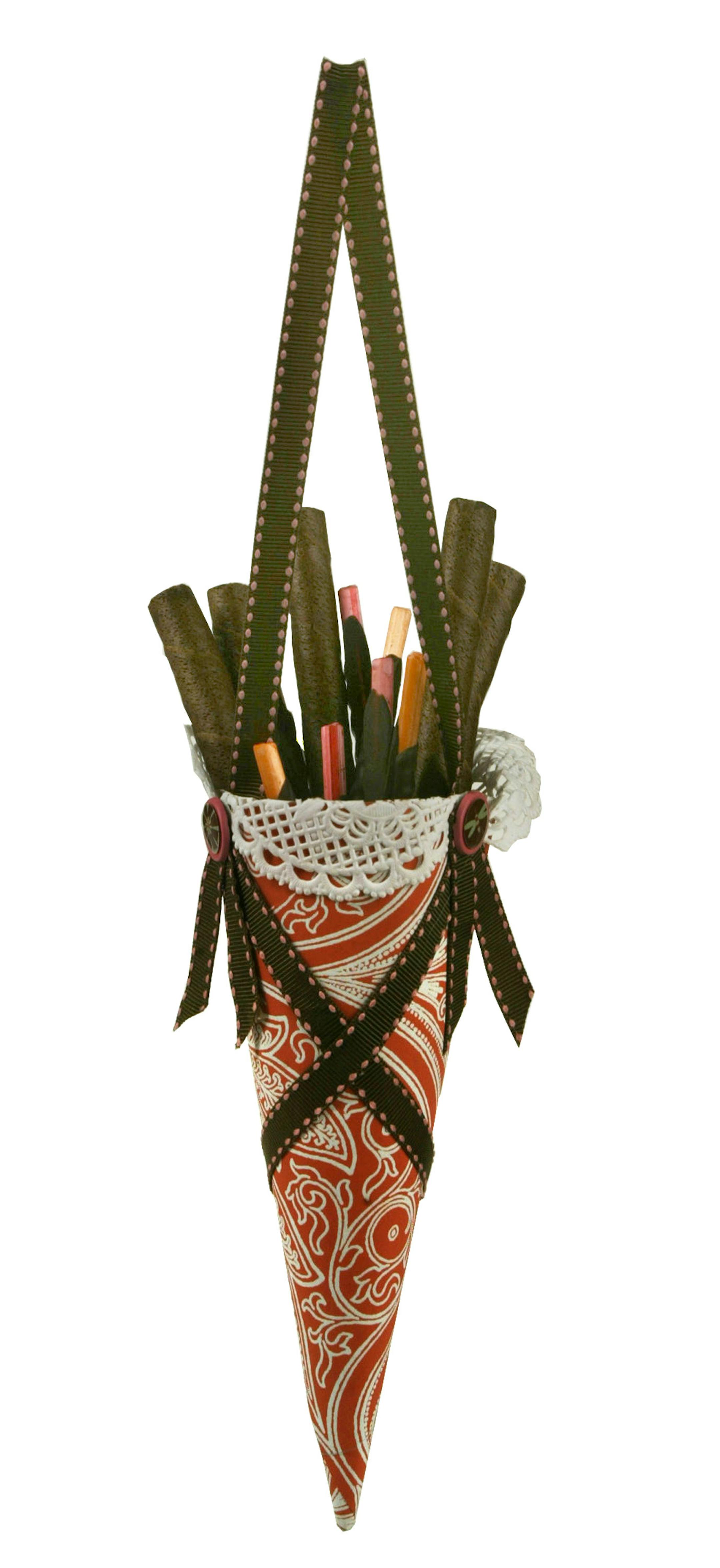 May baskets made of wallpaper, grosgrain ribbon filled with cookies. Design by Kim Yeager