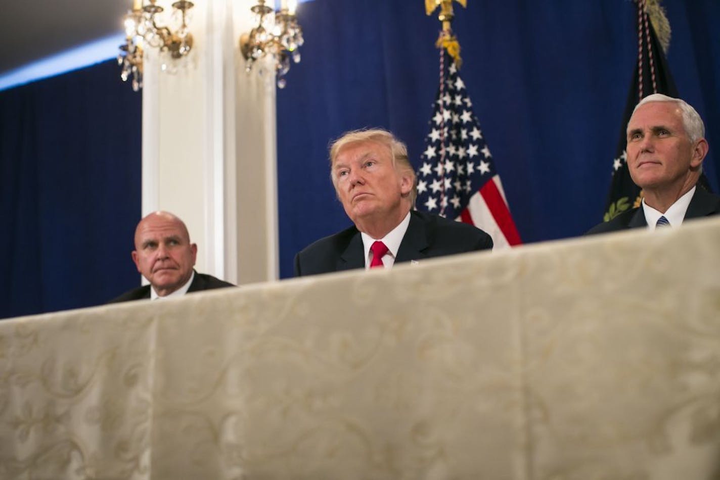 President Donald Trump, with Vice President Mike Pence and Lt. Gen. H.R. McMaster, the national security adviser, speaks to reporters after a security briefing at Trump National Golf Club in Bedminster, N.J., Aug. 10, 2017. Trump offered gratitude rather than outrage on Thursday for Russia�s decision to force the U.S. Embassy in Moscow to slash its personnel by 755 people, despite earlier bipartisan condemnation from other American leaders who had protested the Cold War-style move.