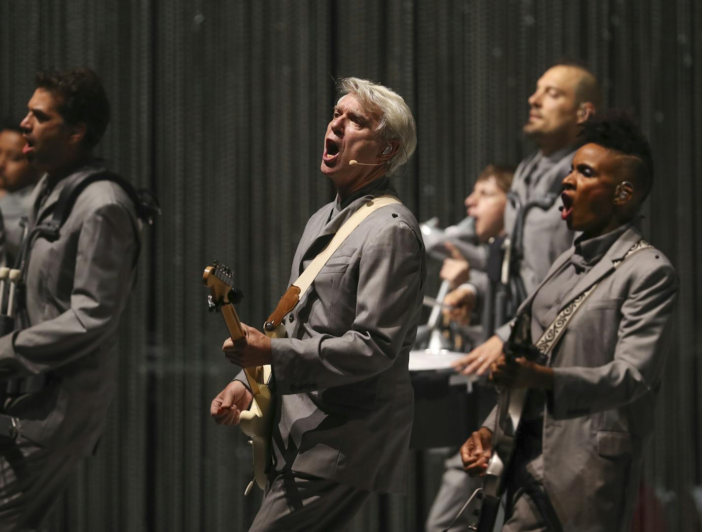 David Byrne and his band early in their set Thursday night at the Orpheum. ] JEFF WHEELER &#xef; jeff.wheeler@startribune.com David Byrne's American Utopia tour stopped at the Orpheum Theatre in Minneapolis for the first of two nights on Thursday, May 17, 2018.