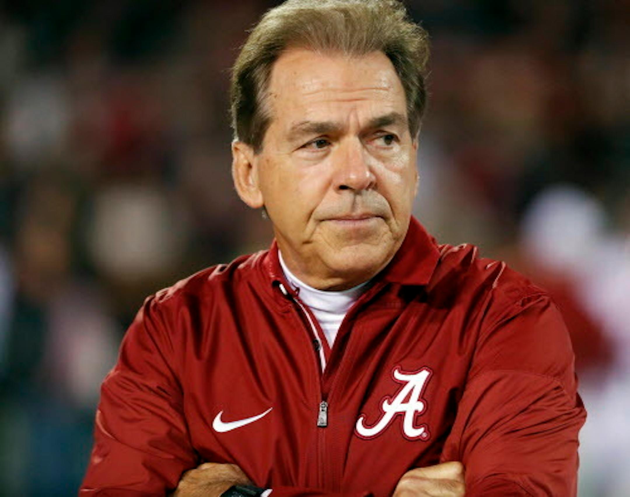 Alabama coach Nick Saban watches his team warm up for an NCAA college football game against Mississippi State in Starkville, Miss., Saturday, Nov. 11, 2017. (AP Photo/Rogelio V. Solis)