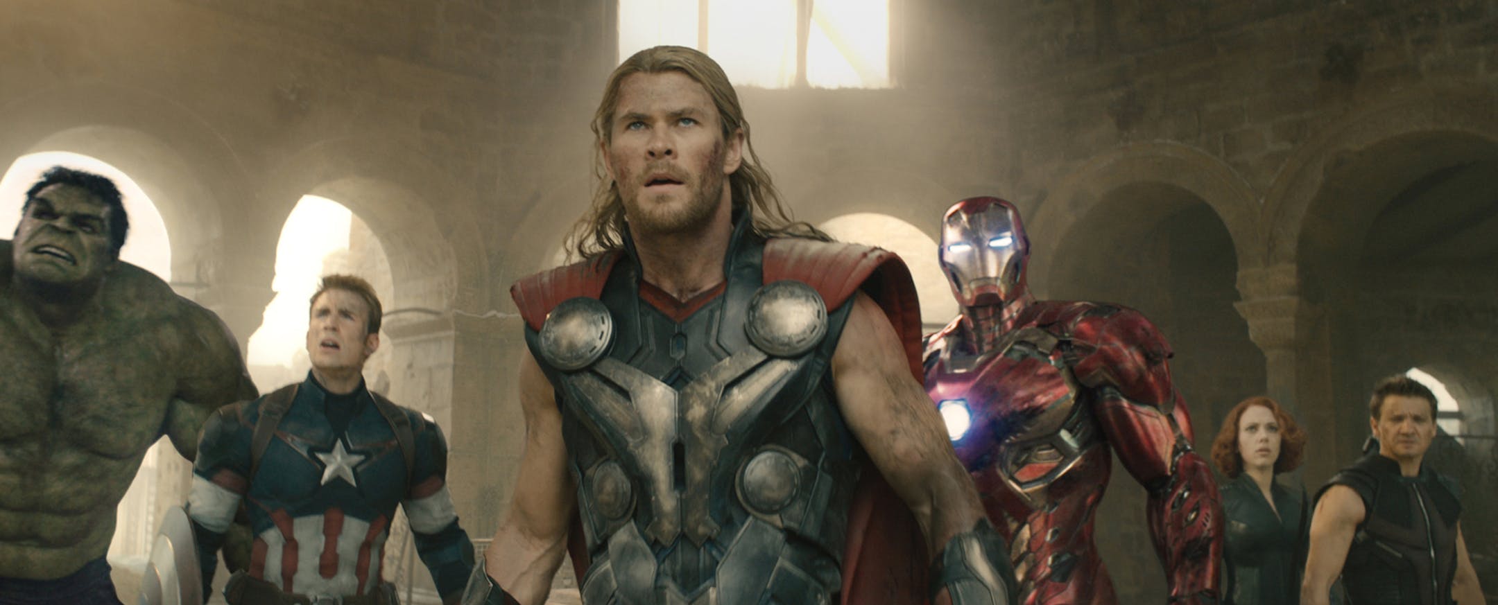 Hulk (Mark Ruffalo), Captain America (Chris Evans), Thor (Chris Hemsworth), Iron Man (Robert Downey Jr.), Black Widow (Scarlett Johansson), and Hawkeye (Jeremy Renner) in "Avengers: Age of Ultron." (Photo courtesy Marvel/TNS) ORG XMIT: 1167229