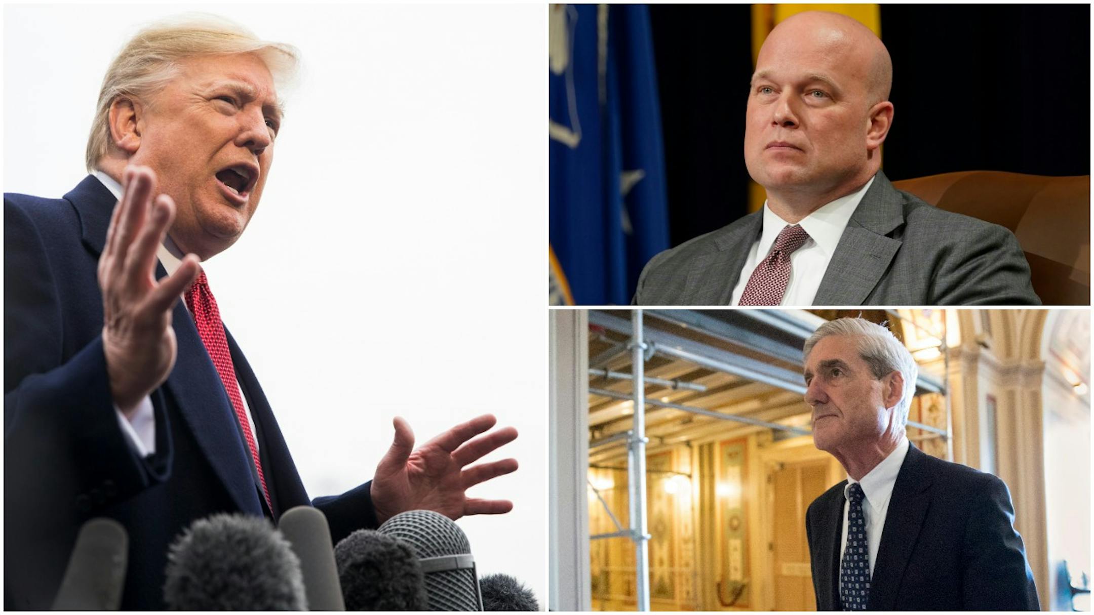 President Donald Trump (left), former acting Attorney General Matthew Whitaker (top right) and special counsel Robert Mueller.