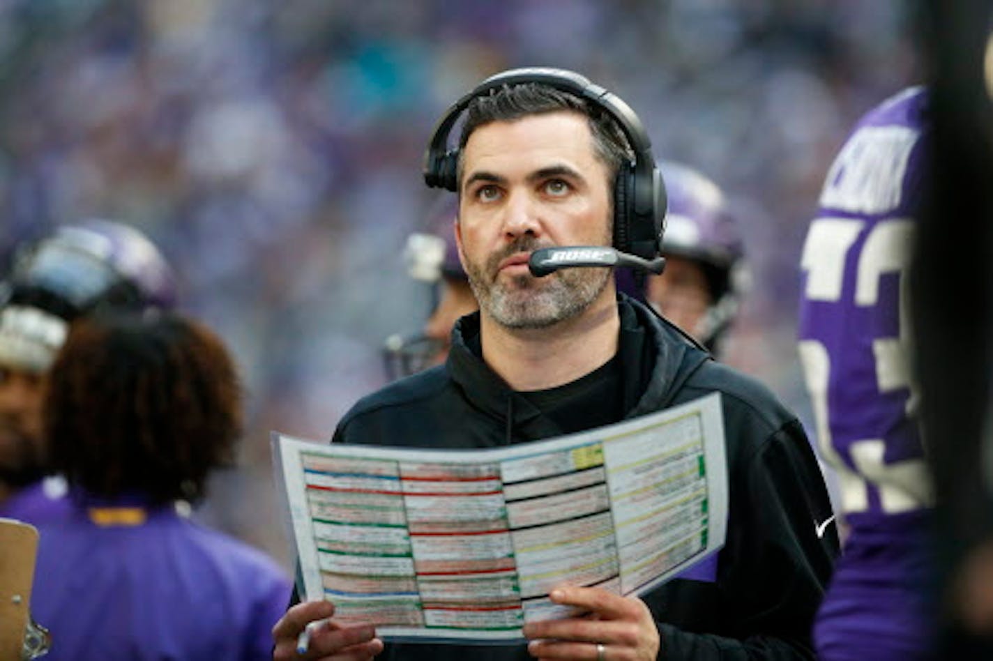 Minnesota Vikings interim offensive coordinator Kevin Stefanski watches from the sideline during the first half of an NFL football game against the Miami Dolphins, Sunday, Dec. 16, 2018, in Minneapolis. (AP Photo/Bruce Kluckhohn)