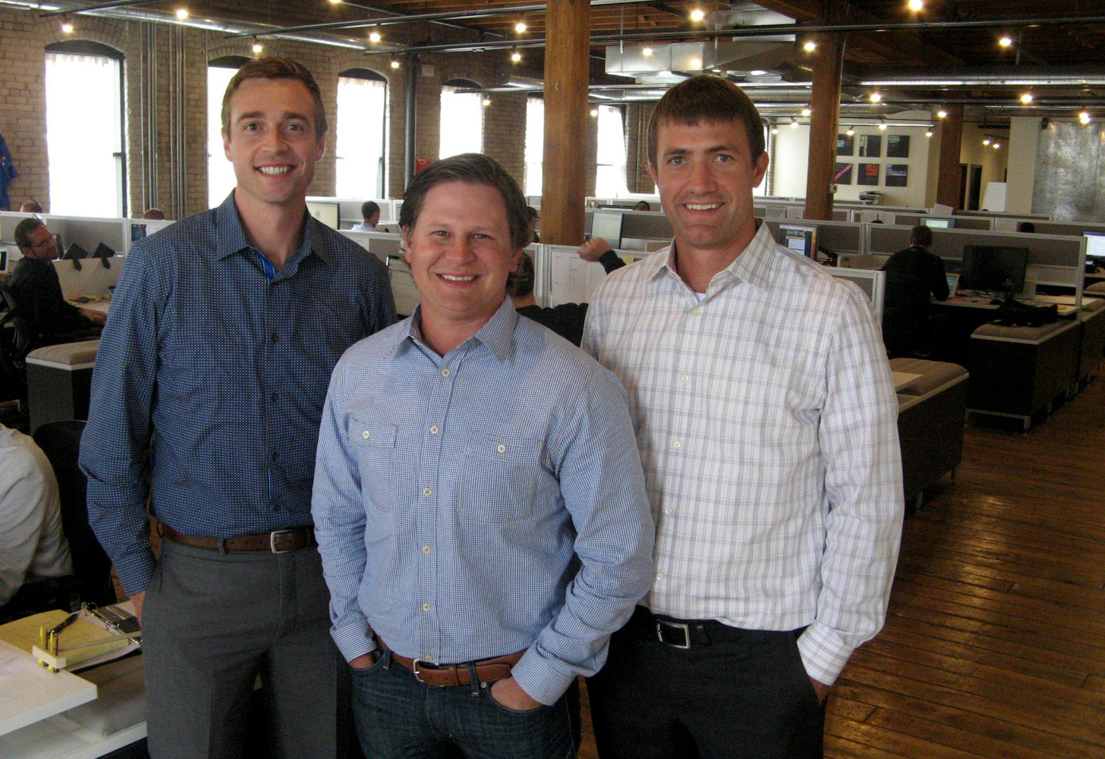 SportsEngine Inc. founders Carson Kipfer (left), Justin Kaufenberg (center) and Greg Blasko, the chief technology officer, shown in a 2014 file photo, left the company on Monday.