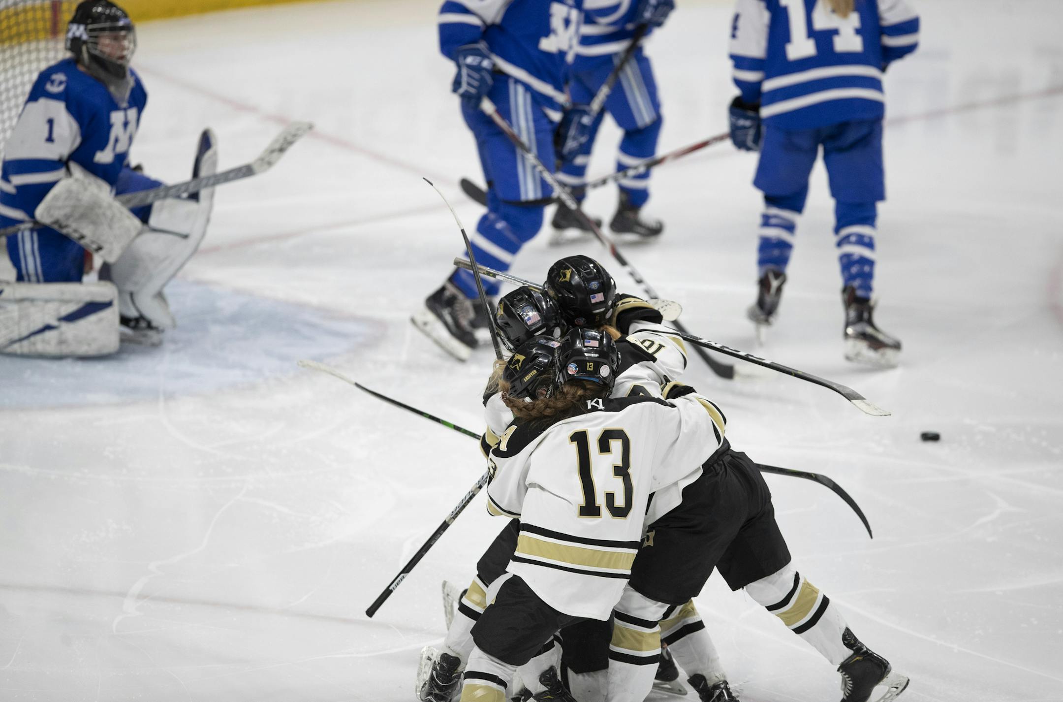 Andover players celebrated Peyton Hemp second goal of the game forcing overtime with Minnetonka.] Jerry Holt &#x2022;Jerry.Holt@startribune.com Minnetonka played Andover in 2A girls' hockey semifinal at Xcel Energy Center February 21, 2020 in St. Paul, MN.