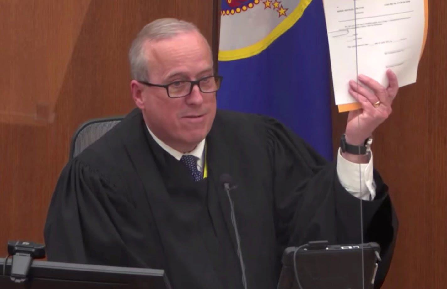 Hennepin County Judge PeterÊCahill shows verdict sheets to the jury on Monday, April 19, 2021, in the trial of former Minneapolis police officer Derek Chauvin at the Hennepin County Courthouse in Minneapolis. Chauvin is charged in the May 25, 2020 death of George Floyd. (Court TV, Pool)